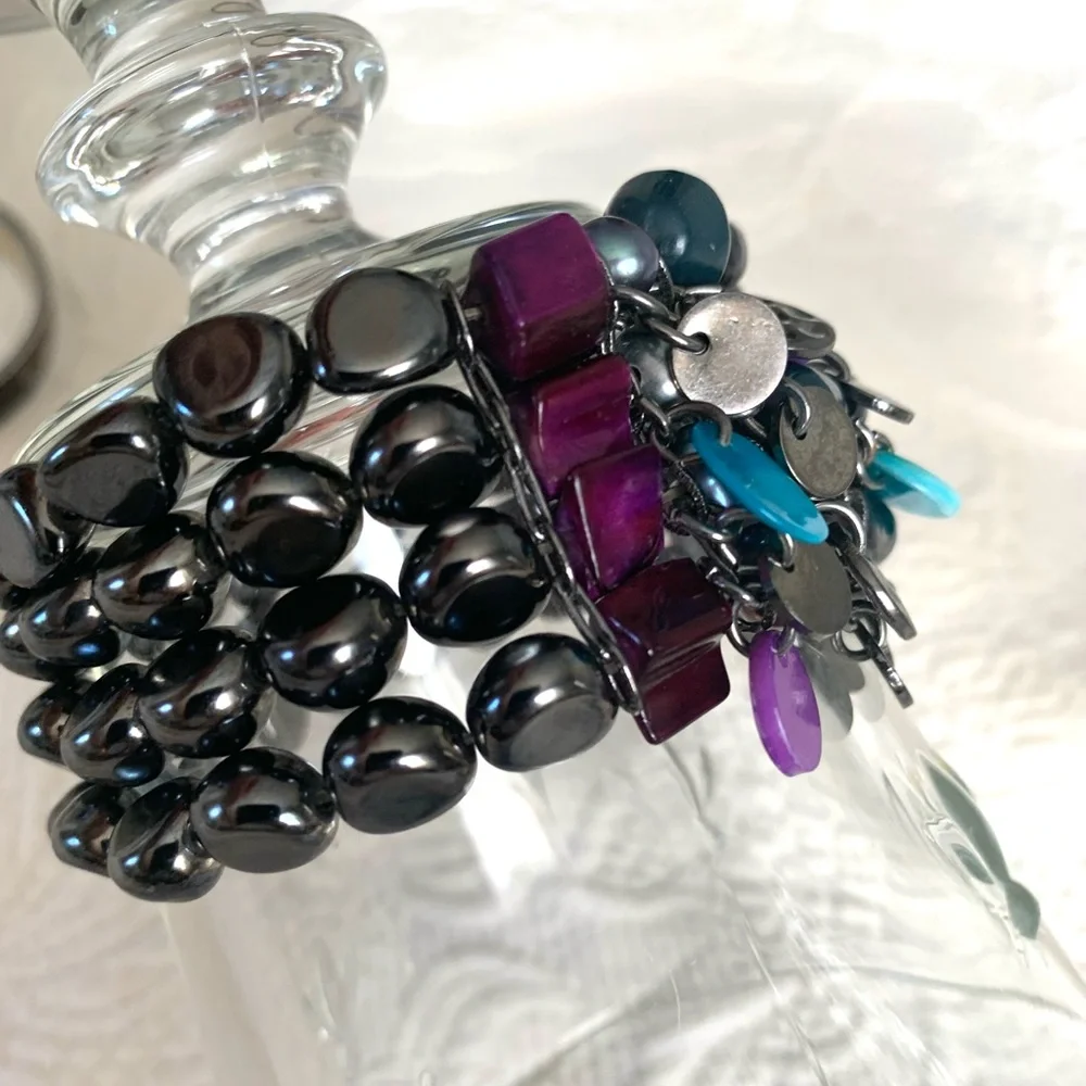 Women’s Hematite Abalone Shell statement bracelet purple aqua Black charm beads